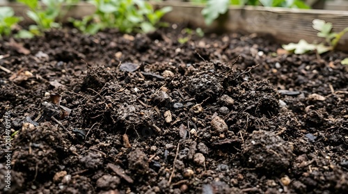Rich dark fertile soil close up in a wooden garden raised bed