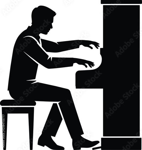 Foto Pianist silhouette playing upright piano, male musician sitting on a stool and p