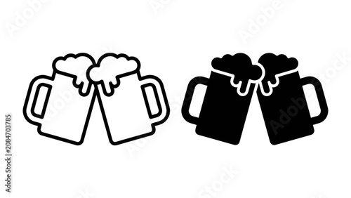 Schilderij op canvas Cheers Illustration: Two mugs of frothy beer clink together in a celebratory toast, depicted in both a clean outline and a solid black silhouette