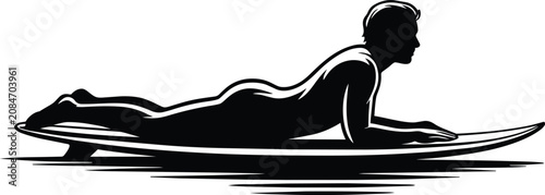 Foto Surfer silhouette lying prone on a surfboard in the water, minimalist black sten