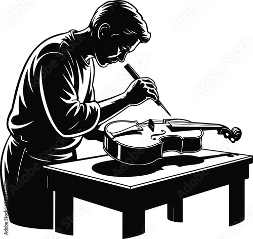 Fotografie Violin maker luthier carving a wooden instrument on a workbench, black and white