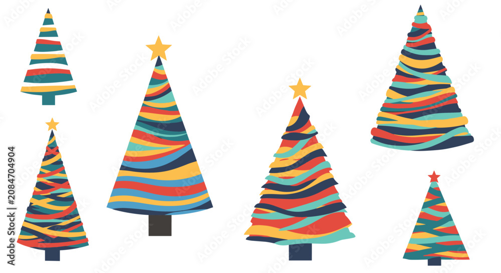 Obraz premium Modern stylized Christmas tree illustrations with colorful abstract stripes and stars on a plain white background.
