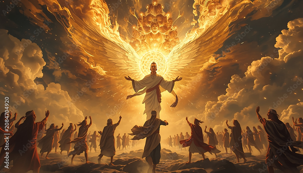 Obraz premium Angel descends from heaven with glowing wings as a crowd of people gathers in a field below him.