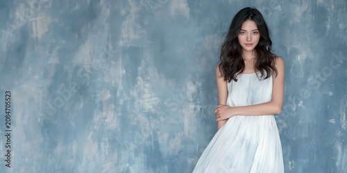Young asian woman wearing elegant white dress standing against textured blue background with soft natural light and calm expression Concept of feminine elegance