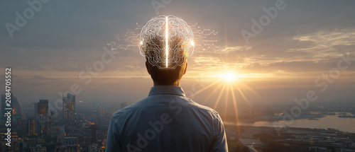 Mind's Horizon: A person stands overlooking a cityscape at sunrise, their head illuminated with a glowing, digital brain-like structure, symbolizing innovation and forward thinking.