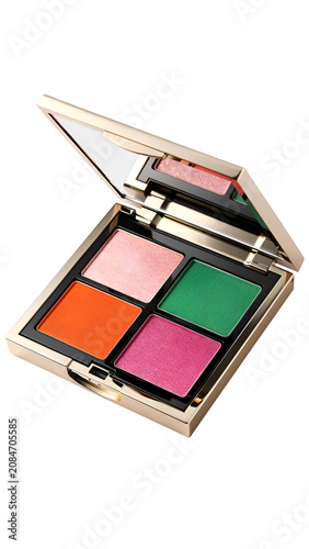 Open gold eyeshadow palette with colorful makeup