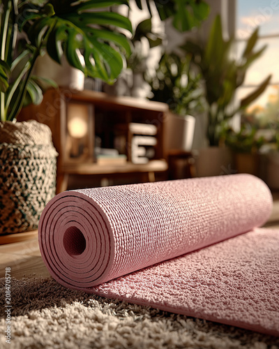 Woman unrolling yoga mat at home