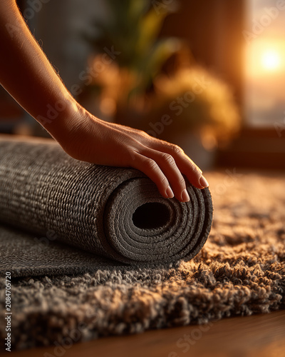 Woman unrolling yoga mat at home