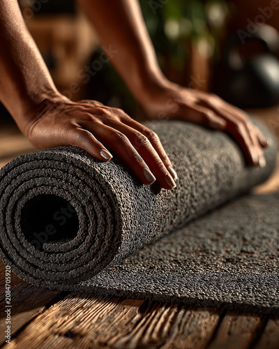 Woman unrolling yoga mat at home