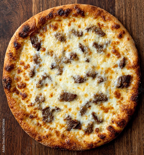 photo of a personal pie with a meat topping set on wooden background; pizza overhead view