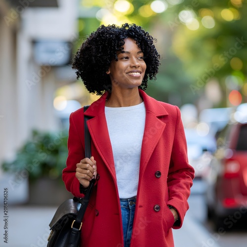Smiling woman in red blazer outdoors city street.