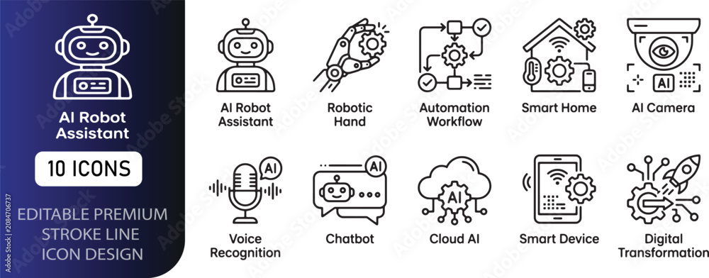 Obraz premium Generative AI line icon set featuring artificial intelligence, machine learning, chatbot, neural network, creativity, robot, and automation. Professional editable vector illustration eye catching