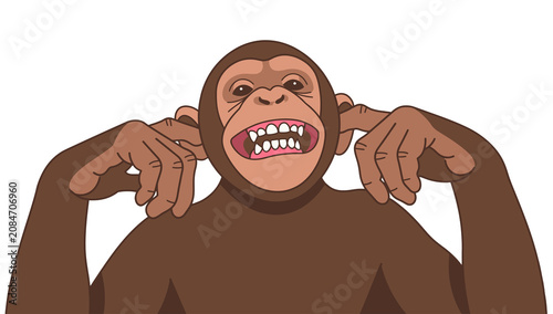 Canvas Print Funny Cartoon Chimpanzee Closing Ears with Fingers Hear No Evil Concept - Animal