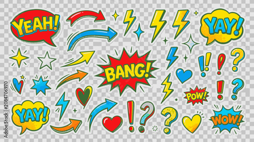 Schilderij op canvas Collection of colorful comic speech bubbles and icons.