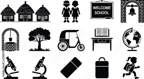 Collection of Black and White School and Village Icons 