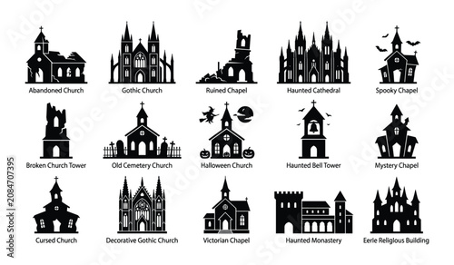 Halloween silhouette church collection spooky gothic buildings for holiday designs