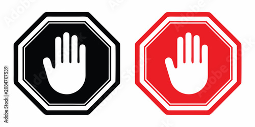 Fotografie Octagonal Stop Signs With Hand Symbols Black And Red Versions