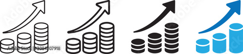 Financial Growth Coins Icons Set Featuring Outline and Solid Glyph Icons for Revenue Increase, Profit Trends, Investment Success, Economic Progress, Capital Gains, Stock Market, Graphic Assets