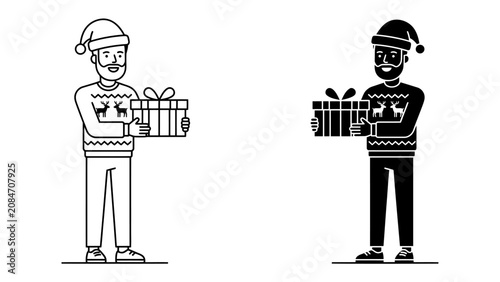 Fotografía Christmas Gift Holder: A smiling man in a Santa hat and festive sweater holds a beautifully wrapped gift, ready to spread holiday cheer