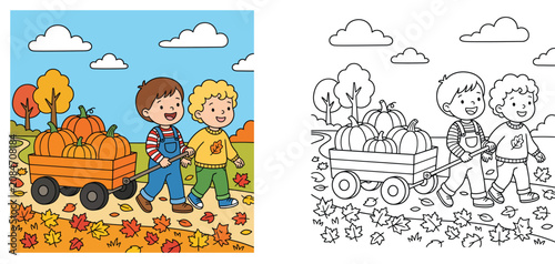 Children coloring page illustration of two boys pulling a wagon filled with pumpkins during autumn, featuring both colored and black and white outline versions.
