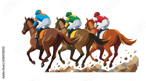 Fotografie Vector illustration of jockeys competing in a horse race
