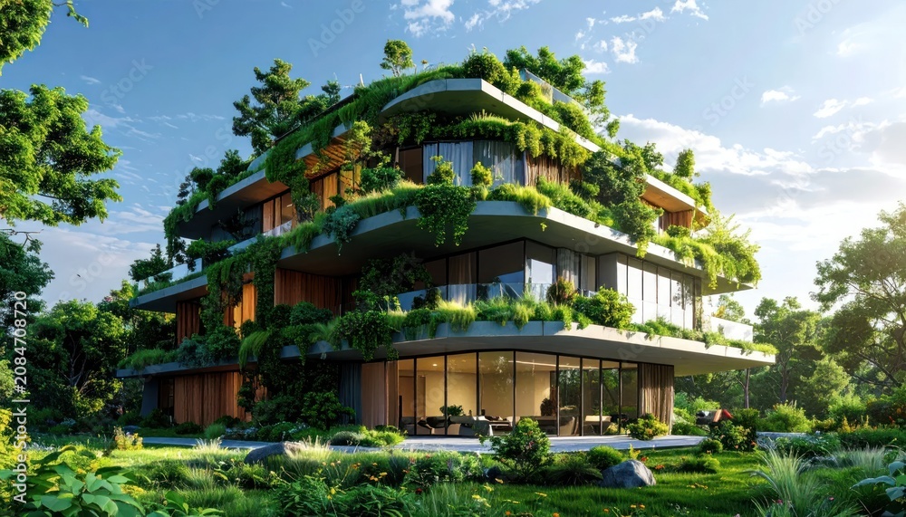 Fototapeta premium Multi-level sustainable apartment building with tiered garden terraces.