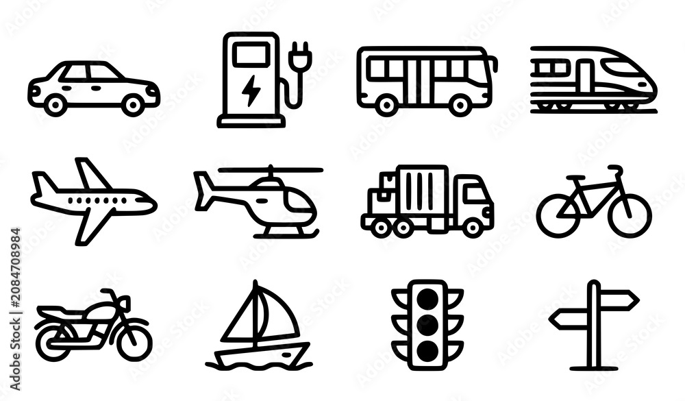 Fototapeta premium Transportation and Vehicle Icon Set with Electric Car Charging, Train, Airplane, Truck, and Traffic Light Symbols for Logistics Apps, Travel Websites, and Map Designs
