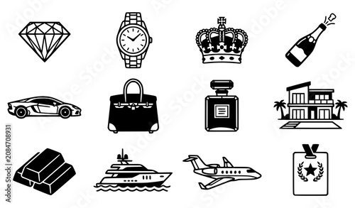Foto Luxury Lifestyle Icon Set with Diamond, Watch, Crown, Sports Car, Yacht, and Pre