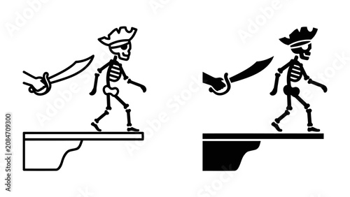Photos Pirate Skeleton Marching Off Plank: A black and white illustration of a pirate skeleton, wearing an eyepatch and a tricorn hat, marching resolutely off a plank, symbolizing danger and the unknown