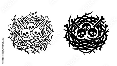 Foto Sinister Nest of Skulls and Thorns: An unsettling graphic depicting two nests woven from thorny branches, each cradling three skulls and crossbones, representing death and danger