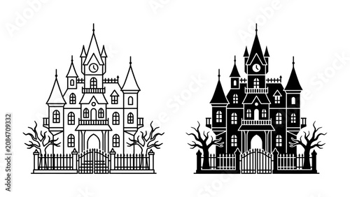 Quadro su tela Haunted Mansion Outline and Silhouette: A gothic haunted mansion presented in both a black and white outline and a stark black silhouette, featuring tall spires, a clock tower, and a foreboding fence