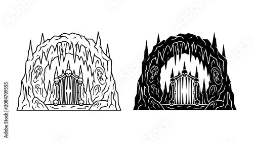 Foto Cave Entrance: A graphic illustration depicts a mysterious cave entrance, resembling a monstrous maw, with sharp icicles and a hidden structure within, presented in both outline and silhouette styles