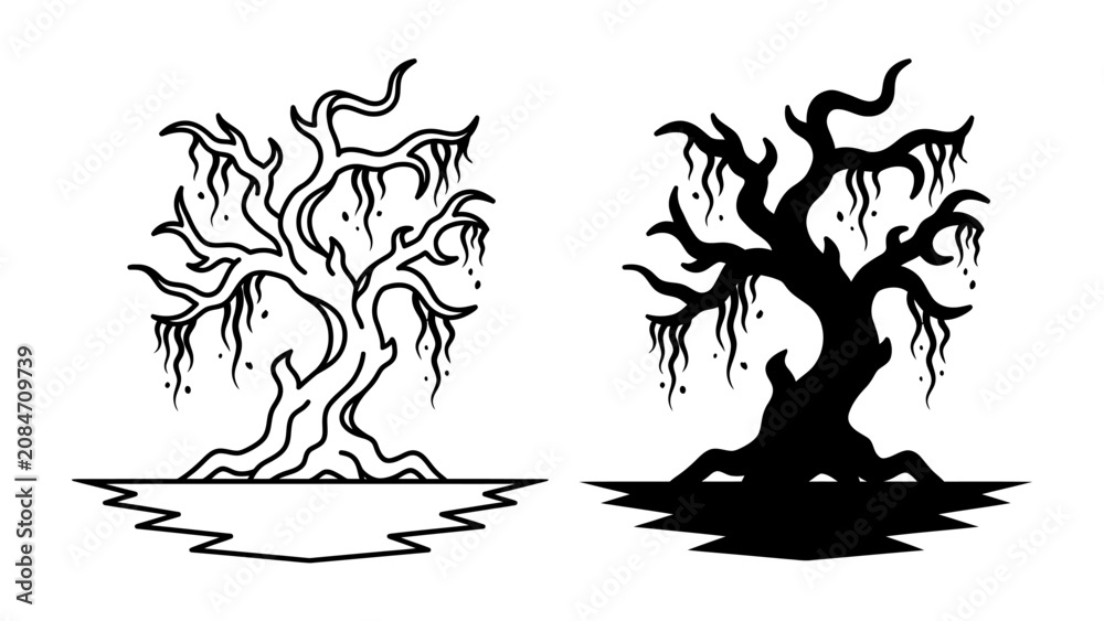 Obraz premium Creepy Tree Silhouette: A stylized, eerie tree with gnarled branches and hanging moss, presented in both outline and silhouette form, evokes a sense of mystery and the macabre.