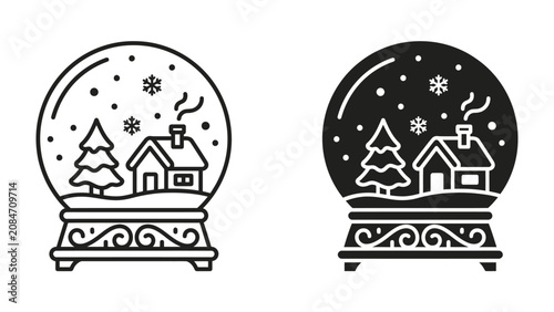 Quadro su tela Winter Village Snow Globe Icon: A charming snow globe displays a quaint winter village scene with a cozy house, fir trees, and falling snowflakes, presented in both line art and silhouette styles
