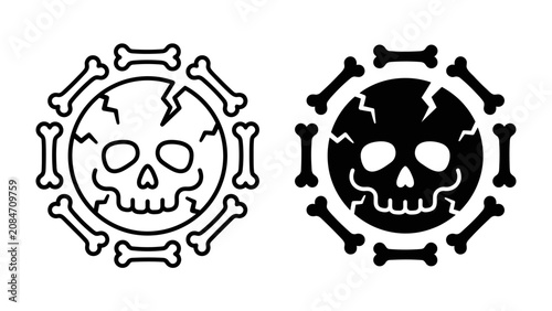 Schilderij op canvas Skull and Bones Icon: A graphic representation of a skull encircled by bones, symbolizing danger, warning, or a macabre theme