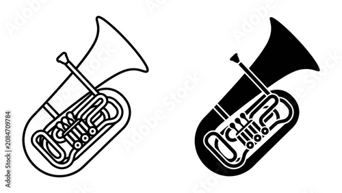 Schilderij op canvas Tuba Vector Duo: A musical composition of a tuba, presented in both a clean line art and a bold silhouette style, ready to bring a touch of brassy brilliance to any graphic design project