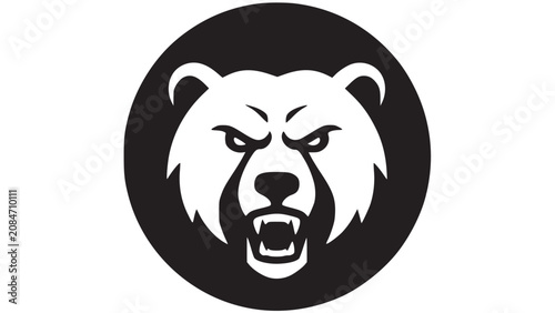 Tableau sur toile Monochrome roaring bear face vector illustration, circular grizzly bear badge de