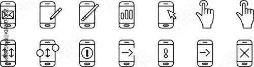 Black and white line icons of mobile phones and hands on white background