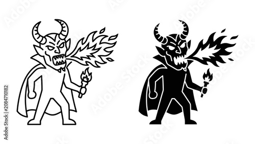 фотографія Devil Character with Fire: A stylized devil character, depicted in both line art and silhouette, breathes fire while holding a torch, embodying a dark and powerful presence