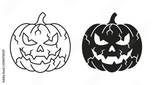 Cuadro en lienzo Scary Jack-o'-lantern Icons: Two spooky jack-o'-lantern designs, one in outline and one as a silhouette, feature menacing carved faces and cracked textures, perfect for Halloween graphics
