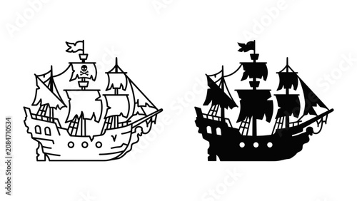 Tableau sur toile Pirate Ship Silhouette: A classic pirate ship depicted in both outline and silhouette, ready for adventure on the high seas