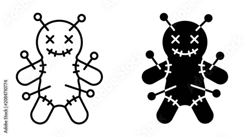 Fotografie Voodoo Doll Icon: A symbolic representation of a voodoo doll, depicted in both outline and silhouette, pierced with pins, conveying a sense of dark magic and ritual