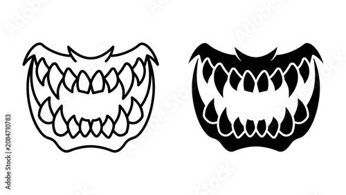 Εκτύπωση καμβά Fierce Fangs: Two stylized depictions of a monstrous mouth with sharp, pointed teeth, one in outline and the other in solid black, conveying a sense of primal aggression and danger
