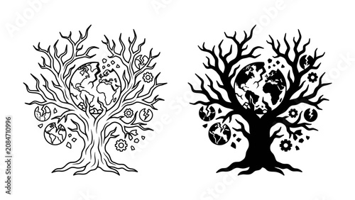 Fotografie The World Tree: An artistic representation of a tree adorned with the Earth and celestial bodies, symbolizing global connection and the vastness of the universe