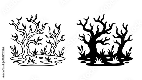 Bild auf Leinwand Silhouette Swamp Trees: Two artistic depictions of gnarled, bare trees stand amidst swampy ground with reeds, presented in both line art and silhouette style