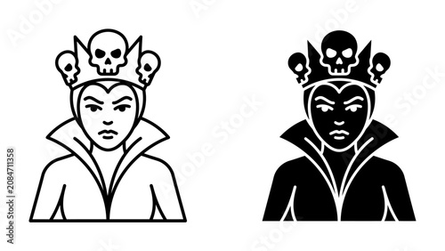 Schilderij op canvas Evil Queen Icon: A stylized icon representing a wicked queen, adorned with a crown featuring skulls and a stern expression