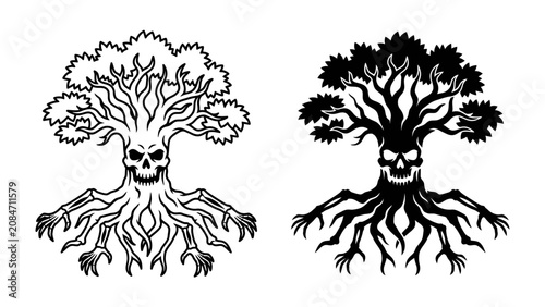 Canvastavla Dark Nature Emblem: An artistic illustration depicting a macabre tree with a skull for a face and claw-like roots, presented in both outline and silhouette forms