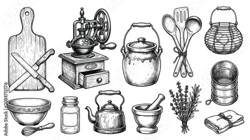 Tableau sur toile Vintage kitchen utensils and rustic cooking tools set, hand drawn sketch of anti