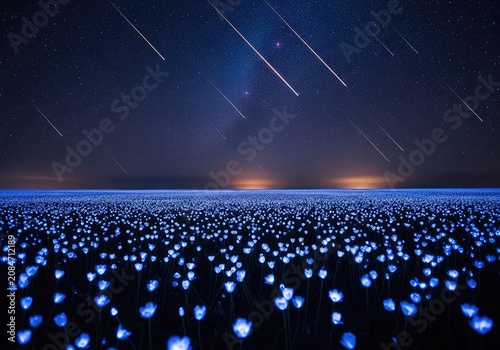 Luminescent blooms illuminate a vast field beneath a vibrant cosmic sky where streaks of light from a meteor shower paint the dark horizon, botanical, outdoors, flowers