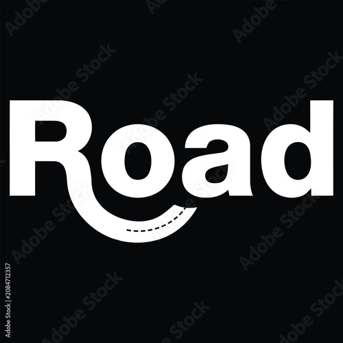 Curved road word mark logo design with integrated asphalt highway trail graphic element.